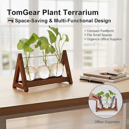 Plant Terrarium with Wooden Stand, 3 Bulb Glass Vase Metal Holder, Retro Hydroponics Planter for Home/Garden/Office Decor, for Women & Mom (1, Natural Wood, 3-Bulb)