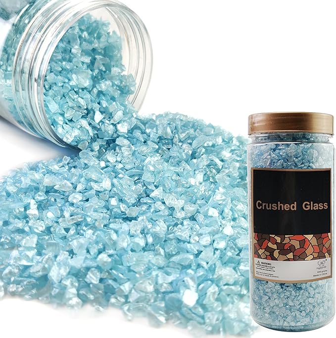HappyFiller 1.3 LB Sky Blue Crushed Glass for Resin Art,Craft,Fairy Garden Terrarium Topper Dressing Granule Sands Vase Filler Small Pebbles,Candle Holder,Wedding Decor Gems,3-8mm