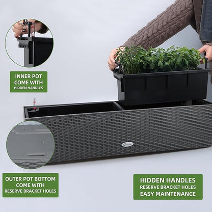 Dexceder 31.5 Inch Rattan Self Watering Planter Indoor Outdoor, Thickened Large Rail Flower Plant Pot Window Box with Water Level Indicators & Bracket (Deep Gray)