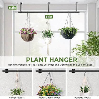 Window Plant Hanger Indoor, 64 Inch Heavy Duty Plant Hanging Rod, 1 Inch Metal Hanging Plant Holder for Window Wall, Matte Black Round Flange Base, Pot Not Included