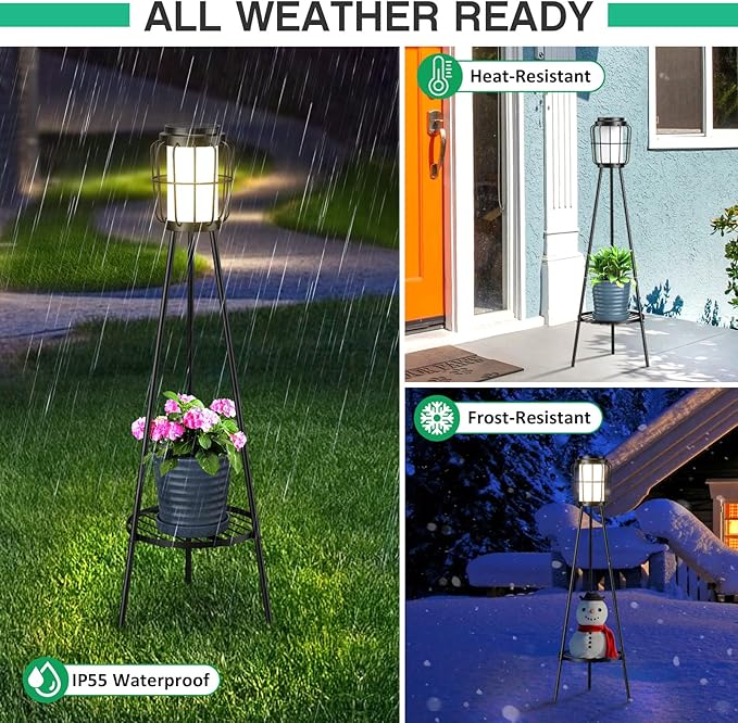 MXwcy 2 Pack Solar Lights Outdoor with Plant Stands - Solar Floor Lamp & Street Lights with Metal Tripod - Patio Decor for Garden, Yard, Pathway, Driveway, Porch