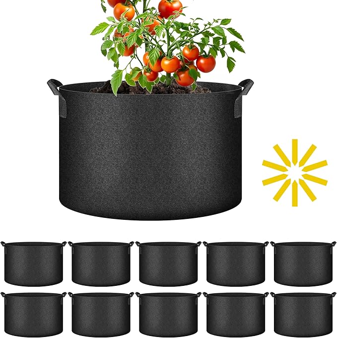 iPower 10-Pack 7-Gallon Grow Bags Nonwoven Fabric Pots Aeration Container with Strap Handles for Garden and Planting, 7 Gallon, Black