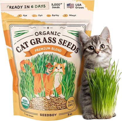 Seedboy Organic Cat Grass Seeds for Planting, Non-GMO Wheat, Oat, Rye, and Barley Cat Grass for Indoor Cats (8 oz)