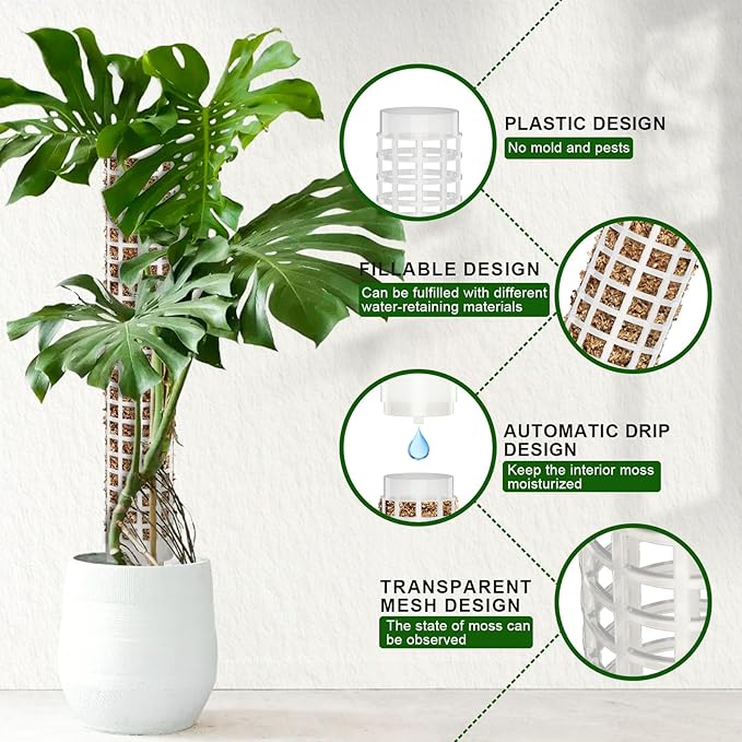 2 Pcs Plastic Moss Pole for Monstera, Large Cylindrical Shape Poles for Climbing Plants Work with Sphagnum Moss, 17.5 Inch linkable Plant Stake Set of 2, Garden Ties
