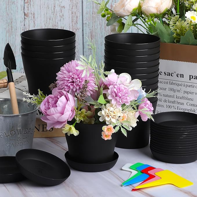 Aodaer 16 Pack 4 Inch Plastic Planters with Multiple Drainage Holes and Tray Indoor Outdoor Flower Plant Nursery Pots with Labels Flower Seedling Pots for Herb Garden Home Succulents, Black