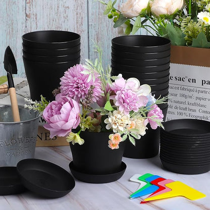 Aodaer 16 Pack 4 Inch Plastic Planters with Multiple Drainage Holes and Tray Indoor Outdoor Flower Plant Nursery Pots with Labels Flower Seedling Pots for Herb Garden Home Succulents, Black