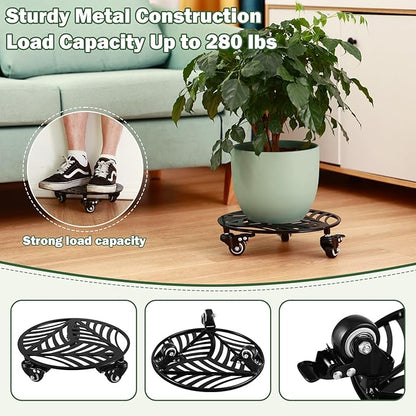 2 Packs 12" Large Metal Plant Caddy with 3 PU Metal Wheels Heavy-duty Wheeled Rolling Plant Stands with Casters Indoor Outdoor Flower Pot Roller Base Planter Dolly Coaster Movers Black, Strong Load Capacity