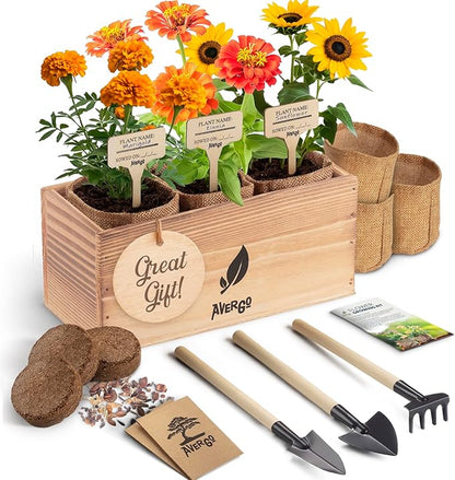 AVERGO Sunflower, Marigold & Zinnia Flower Seeds Growing Kit – Complete Indoor & Outdoor Kit with Seeds for Planting, Planters, Soil, Tools, Instructions – Ideal for Gift Giving