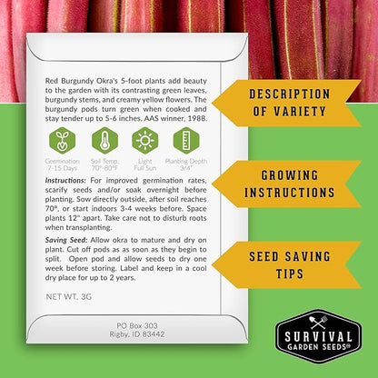 Survival Garden Seeds Okra Seed Collection for Planting – 3 Packets – Grow Clemson Spineless, Emerald & Red Burgundy Okra Plants in Your Home Vegetable Garden – Non-GMO Heirloom Variety Seeds