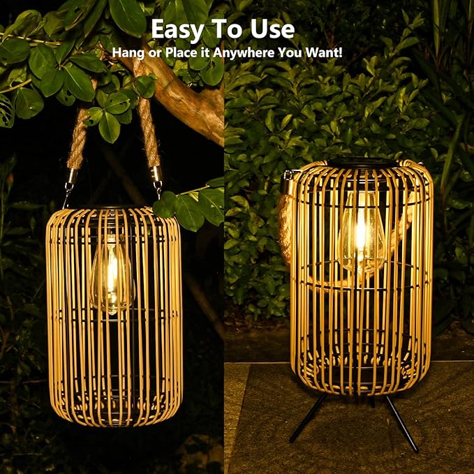 Livinlarge Solar Lantern Outdoor Waterproof,Large Rattan Lantern Outdoor Hanging with Handle,Bright Solar Lights with Edison Bulb for Garden Patio Yard Tabletop Decoration