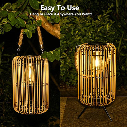 Livinlarge Solar Lantern Outdoor Waterproof,Large Rattan Lantern Outdoor Hanging with Handle,Bright Solar Lights with Edison Bulb for Garden Patio Yard Tabletop Decoration