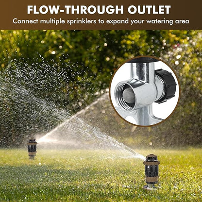 RESTMO Gear Drive Sprinkler with Metal Spike Base, 5-Pattern Heavy Duty Gardening Watering System, Multi-Adjustable Lawn Sprinkle for Garden Plant, Flower Bed and Large Yard Area Watering, Brown