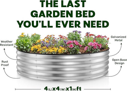 Round Galvanized Raised Garden Bed // 4×4×1 ft (2-Pack) Galvanized Raised Garden Beds Outdoor for Gardening, Vegetables, Flowers // Patented Tool-Free Design Round Planter (Silver)