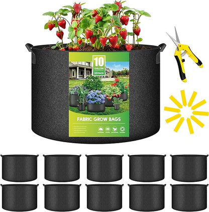 YSSOA 10-Pack Fabric Grow Bags 10 Gallon with Pruner, 300G Thickened Nonwoven Plant Growing Pots with Handles, Planting Bags for Vegetables, Black
