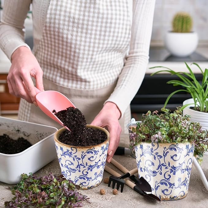 Farmhouse Ceramic Planter 5.5 Inch Large Plants Pot Crack White Blue Flowers Plant Pots with Drainage Hole Indoor Plants Kitchen Rustic Antique Decor Gift