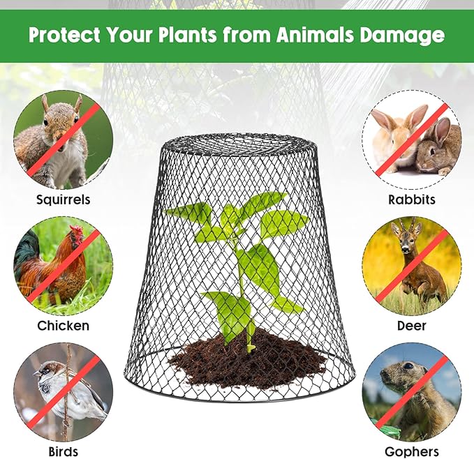 Geosar 20 Pcs 9 inch Chicken Wire Cloche Plant Protector Cover Metal Garden Cloche Dome for Plants Chicken Wire Protection Basket with Garden Stakes for Avoiding Rabbit Bird Small Animals Eat (Black)
