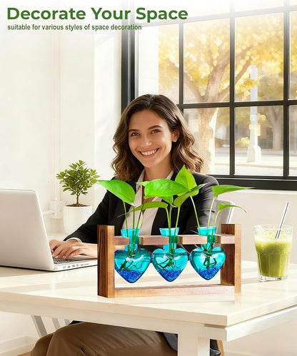 Nacome Plant Terrarium Propagation Stations: Birthday Gifts for Plant Lovers Women Mom Wife Daughter - 3 Bulb Glass Vase with Wooden Stand Tabletop for Hydroponics Home Garden Wall Decor
