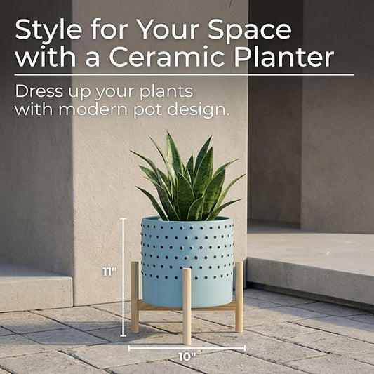 Sagebrook Home Stylish Ceramic Planter with Stand - Modern Stoneware Indoor/Outdoor Plant Pot - Decorative Garden Accent for Home & Patio - 11" Blue