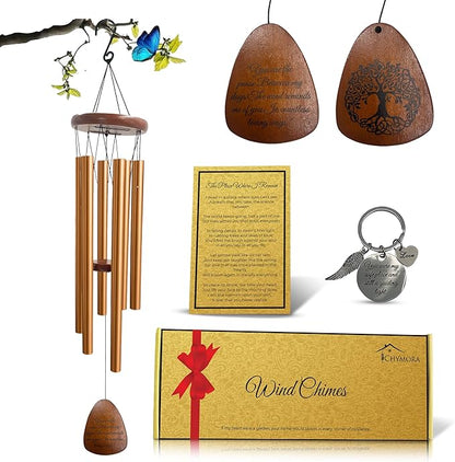 Memorial Wind Chimes for Outside Clearence - Teardrop Pendant, Deep Toned Aluminum Tubes & Pine Wood, Sympathy Gift for Loss, Letter from Heaven & Keepsake Keychain, Garden Porch Decor - Gold