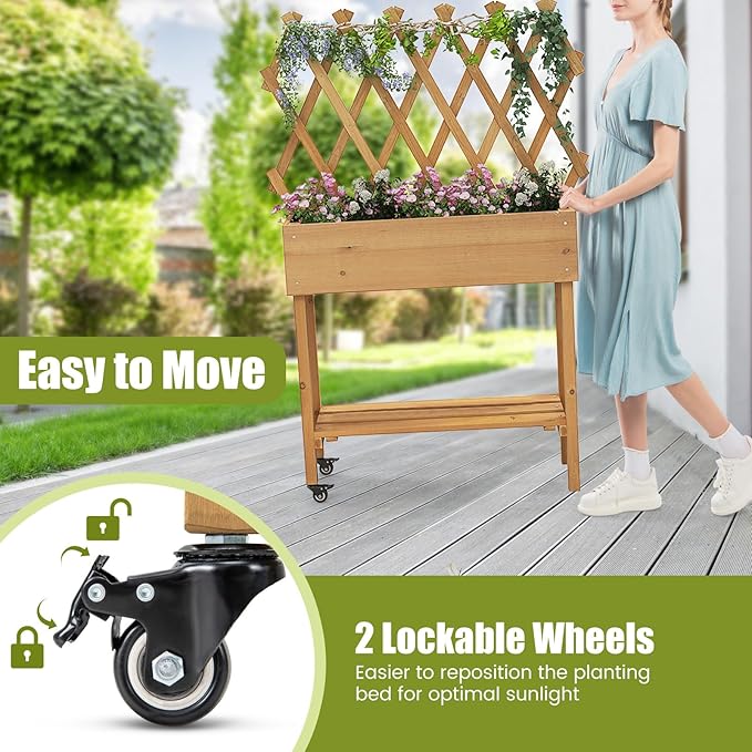 Raised Garden Bed with Trellis, Fir Wood Elevated Planter Bed with Legs, 2 Lockable Wheels & Storage Shelf, Wooden Planter Box Raised Bed for Gardening, Backyard, Balcony & Greenhouse