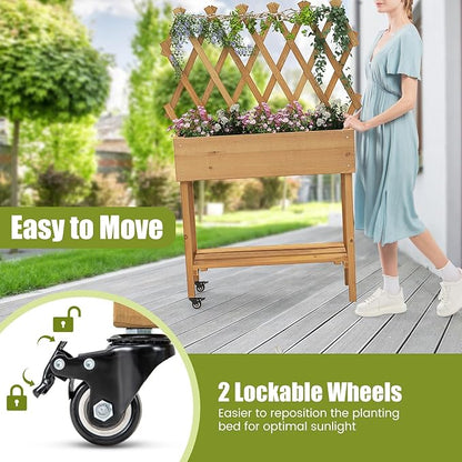Raised Garden Bed with Trellis, Fir Wood Elevated Planter Bed with Legs, 2 Lockable Wheels & Storage Shelf, Wooden Planter Box Raised Bed for Gardening, Backyard, Balcony & Greenhouse