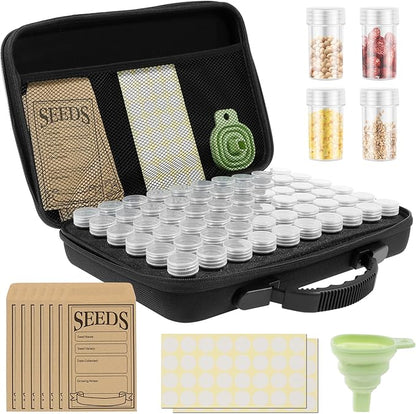 60 Slots Seed Storage Organizer Box with 7 Envelopes, 63 x Label Stickers Garden Seed Organizer with Zipper Bag Storage Container for Vegetable Flower Plants Garden (Black)
