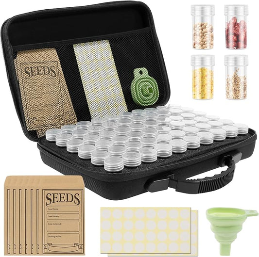 60 Slots Seed Storage Organizer Box with 7 Envelopes, 63 x Label Stickers Garden Seed Organizer with Zipper Bag Storage Container for Vegetable Flower Plants Garden (Black)