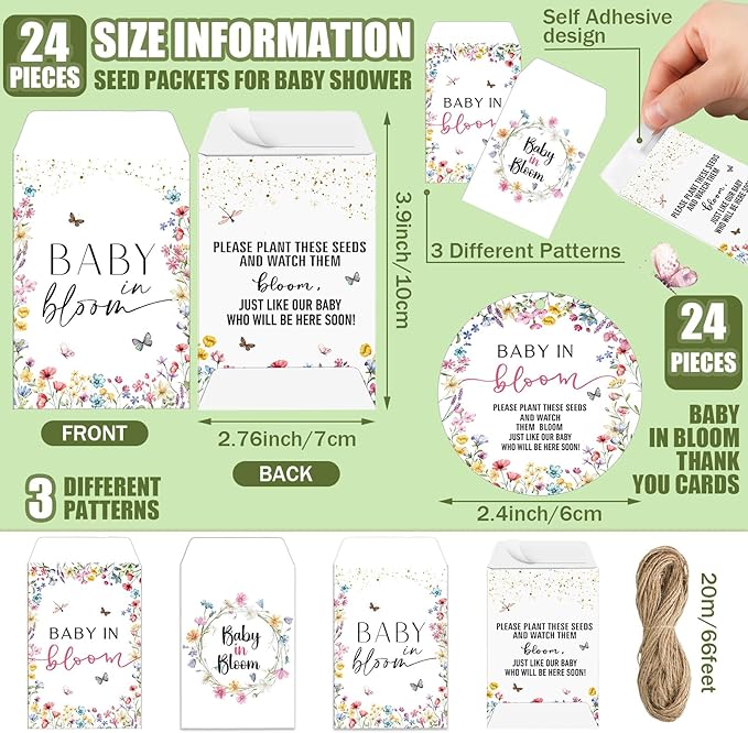 Baby Shower Party Favors Baby in Bloom Envelopes Seed Packets Include 24 Mini Terracotta Pots Seed Packets 24 Self Adhesive Envelopes Thank You Tags Gifts for Party(Wildflower)