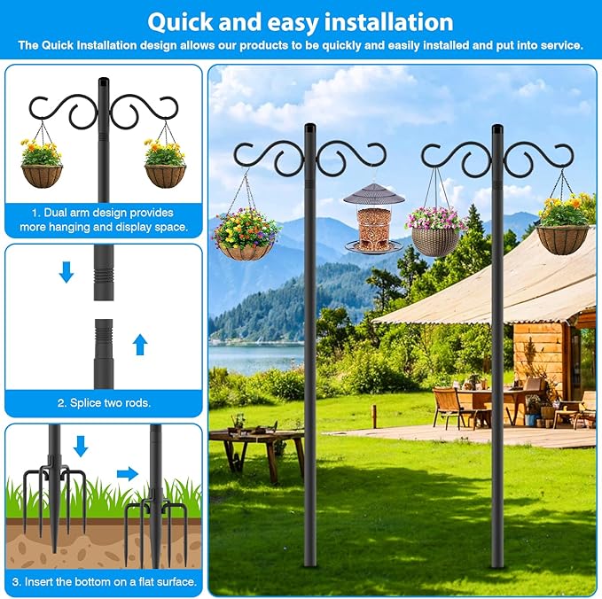 Adjustable Shepherd Hooks for Outdoor,3 Pack 90 Inch 5 Prong Base Bird Two Sided Feeder Poles,Heavy Duty Shepherds Hook,Suitable for Garden in Hanging Flower Basket,Lantern,Bird Nests