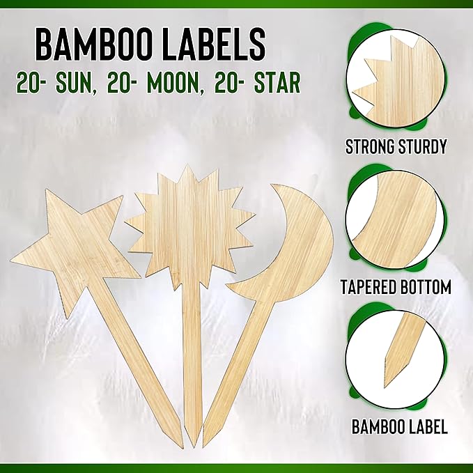 Celestial Bamboo Plant Labels 60Pcs Plant Tags Plants Outdoor Garden Markers Vegetable Seedling Label Plant Name Sign Indoor Waterproof with Bonus a Pen（4 * 2.4 Inch） -20 Sun -20 Star -20 Moon