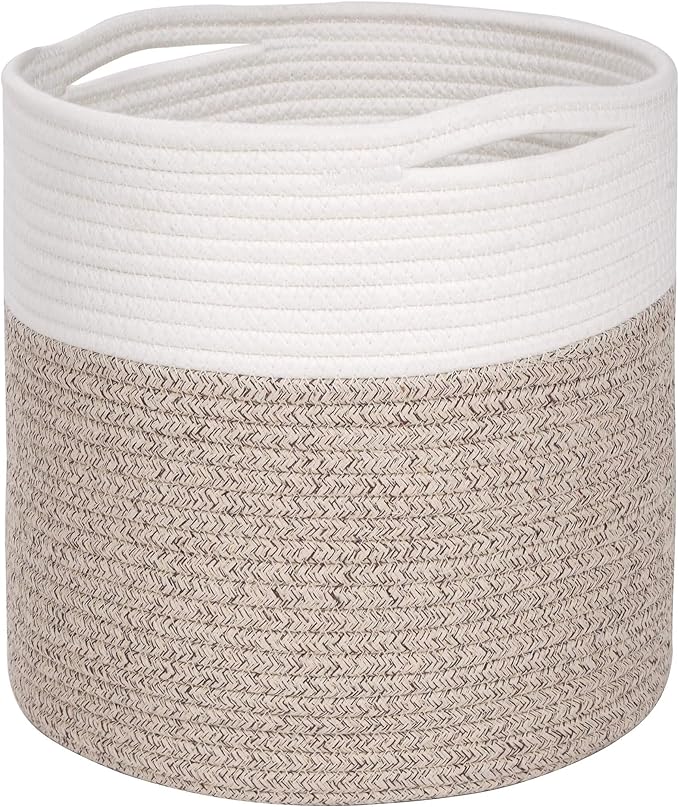 MINTWOOD Design 11 x 11 Inches Cotton Rope Basket for Flower Pot and Indoor Floor Planters, Decorative Round Woven Plant Pot Basket, Planter Covers, Small Dog Toy Storage Baskets, Light Brown