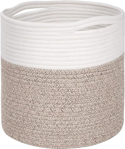 MINTWOOD Design 11 x 11 Inches Cotton Rope Basket for Flower Pot and Indoor Floor Planters, Decorative Round Woven Plant Pot Basket, Planter Covers, Small Dog Toy Storage Baskets, Light Brown