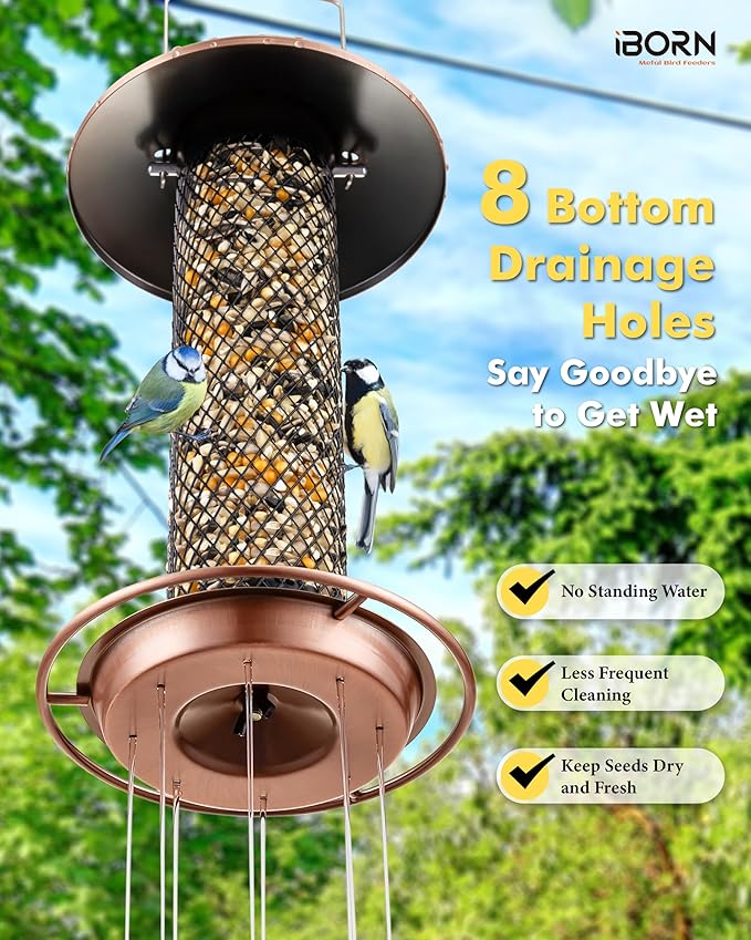iBorn Peanut Bird Feeder,Sunflower Seed Feeder,13.5 Inch Metal Mesh Tube Bird Feeders for Outdoors Hanging,Squirrel-Proof Birdfeeders for Peanut with 17cm Weatherproof Roof & Tray,2 LB Capacity,Copper