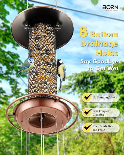 iBorn Peanut Bird Feeder,Sunflower Seed Feeder,13.5 Inch Metal Mesh Tube Bird Feeders for Outdoors Hanging,Squirrel-Proof Birdfeeders for Peanut with 17cm Weatherproof Roof & Tray,2 LB Capacity,Copper