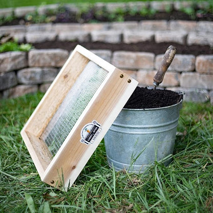 Cedar Garden Sifter for Compost, Dirt and Potting Soil - Handcrafted in The USA - Sustainable Cedar - Heavy Duty Stainless Grate (Handheld)