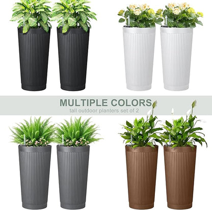 24” Tall Outdoor Planters Set of 2, Self Watering Flower Pots White Planters for Outdoor Plants, Modern Plastic Tall Planter for Front Porch, with Drainage Hole (Ribbed)
