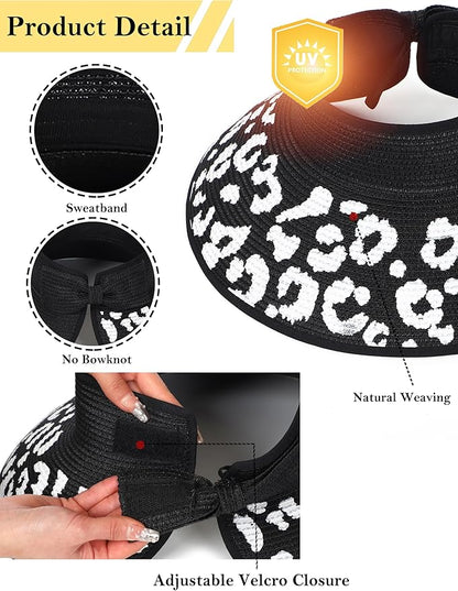Womens Beach Straw Sun Hats Ponytail Hole Wide Brim Summer Visor Foldable Hat Sun Protection Packable for Travel Pool