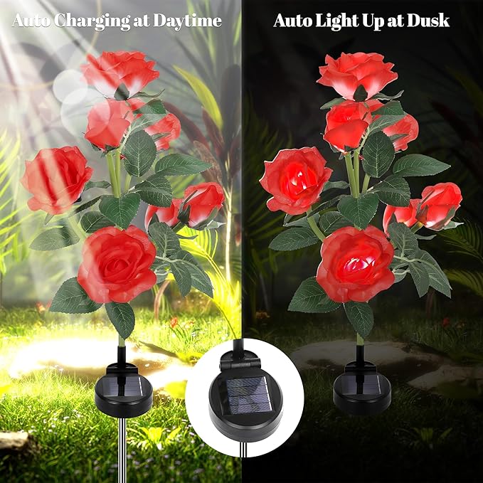 Solar Rose Lights Outdoor, 2 Pack Waterproof Color Changing LED Flower Lights, Solar Powered Garden Stakes for Yard, Patio, Pathway Decor - Artificial Floral Decorative Lighting