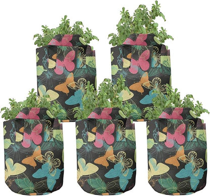 Ambesonne Butterfly Grow Bags 5-Pack, Colorful Silhouettes Art, Heavyduty Fabric Pots with Handles for Plants, Charcoal Blue