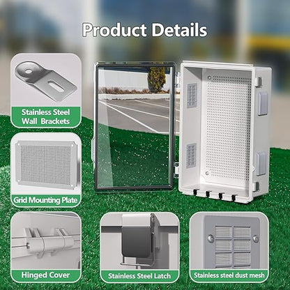 ABS Electrical Junction Box, Ventilated Design, Cable Grommets, IP65 Waterproof Enclosure, Indoor/Outdoor Use with Mounting Panel. (Clear Cover, 15.7"x11.8"x7.1")