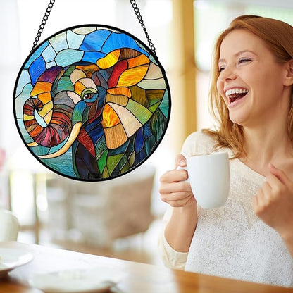 Stained Glass Window Hanging, Cute Elephant Sun Catcher for Door Home Decor Animal Suncatcher Christmas Mother's Day Birthday Gifts for Women Men Mom and Nana 15 in