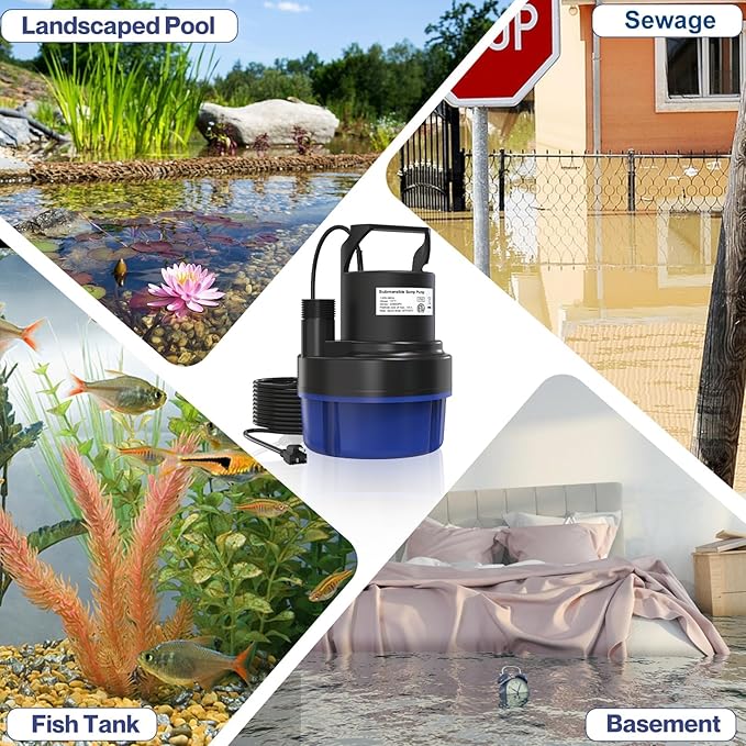 AgiiMan 1/2HP Submersible Water Pump, 2200GPH Portable Sump Pump for Pool Draining, Pool Cover Pump with 25FT Power Cord for Basements, Pool, Fountains, Hot Tub, Garden, Blue