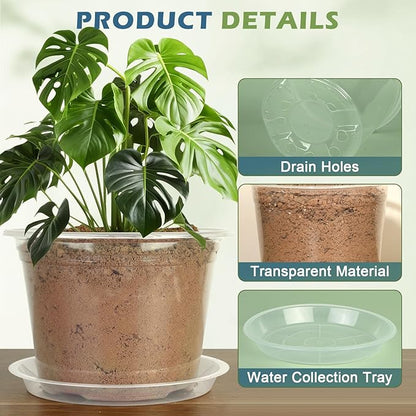 6/8/10 Inch Large Size Clear Nursery Pots with Drainage and Saucers, 9 Pack Plastic Plant Pots for Seedling Starter, Durable Plastic Pots for Indoors