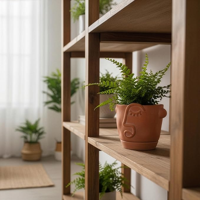 6 Inch Terracotta Abstract Face Planter with Drainage & Saucer – Artistic Ceramic Flower Pot for Indoor Plants, Boho Home Decor, Unique Gift for Plant & Art Lovers