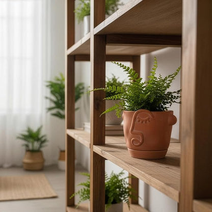 6 Inch Terracotta Abstract Face Planter with Drainage & Saucer – Artistic Ceramic Flower Pot for Indoor Plants, Boho Home Decor, Unique Gift for Plant & Art Lovers