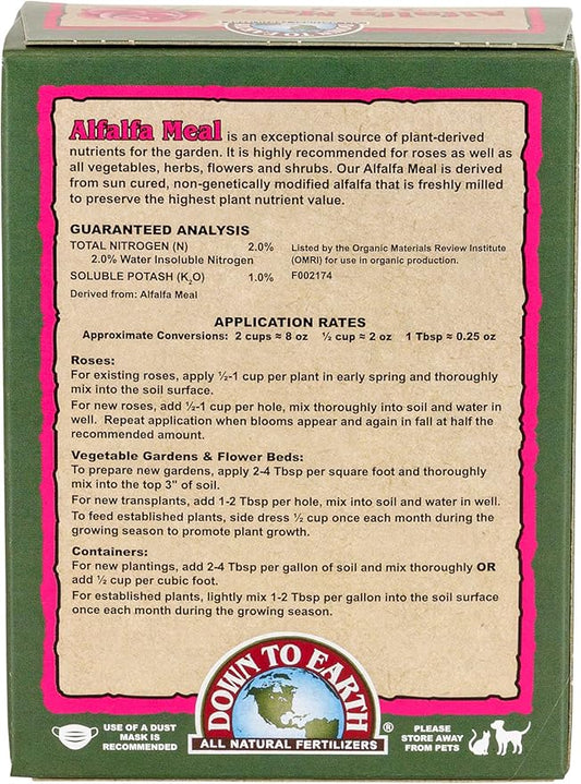 Down To Earth All Natural Fertilizers Organic Alfalfa Meal - Plant Food for Roses, Bulbs, Flowers and Ornamentals 2-0-1, 0.5 lb
