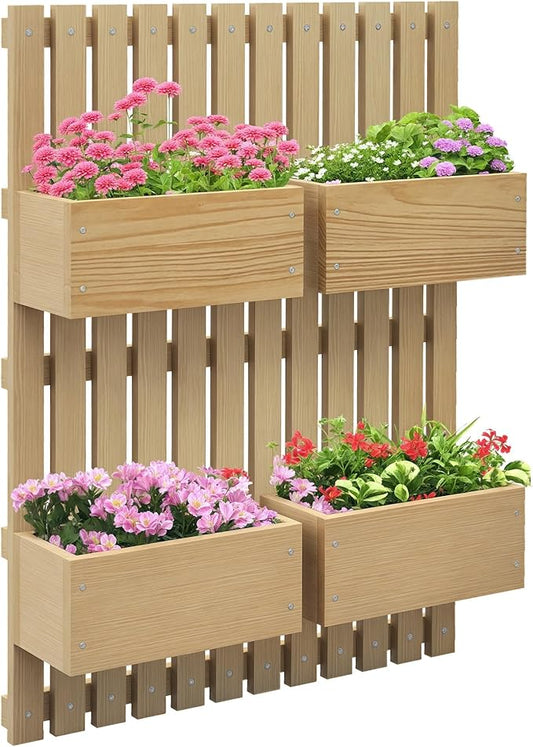 Outsunny 4 Box Raised Garden Bed with Trellis for Vine Flowers & Climbing Plants, 31.5" Tall Wall-Mounted Wood Planter Box Set with Adjustable Height, Drainage Hole, Natural