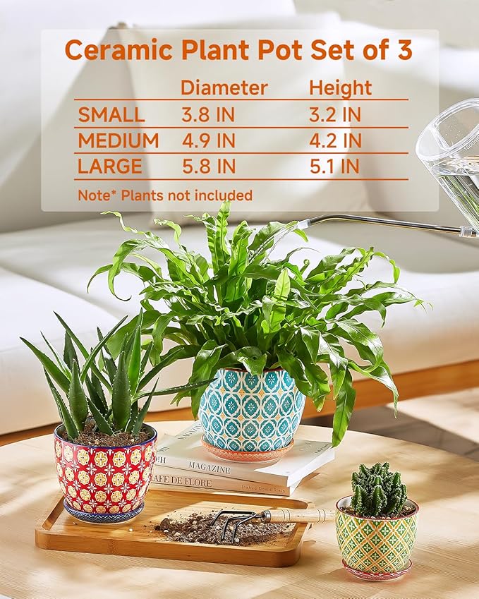 Ceramic Plant Pots, 3.8+4.9+5.8 Inch, Set of 3 Flower Pots with Drainage Hole & Saucer, Trio Planter Pots Set for House Plants, Home Decor, Vibrant Colors