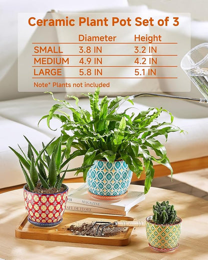 Ceramic Plant Pots, 3.8+4.9+5.8 Inch, Set of 3 Flower Pots with Drainage Hole & Saucer, Trio Planter Pots Set for House Plants, Home Decor, Vibrant Colors