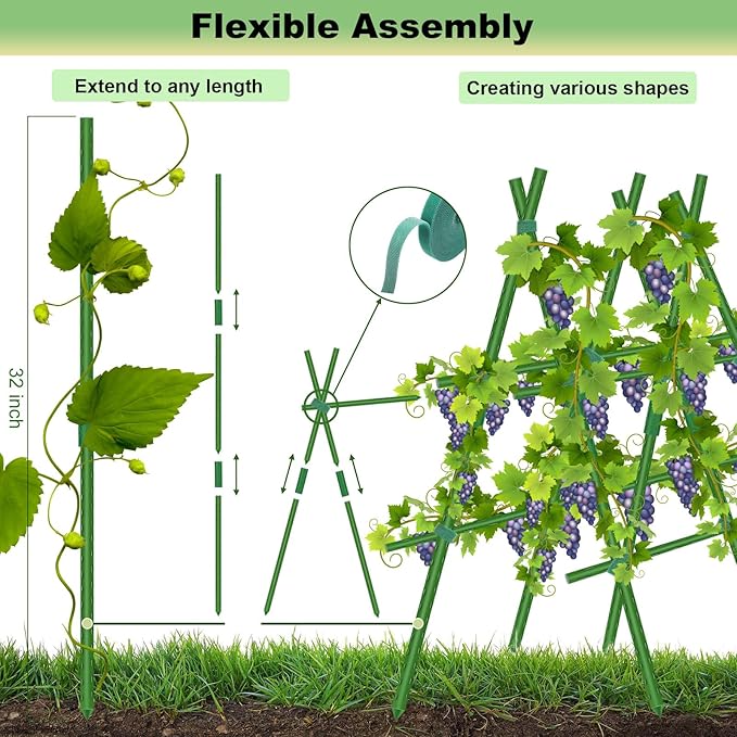 Garden Stakes 16" 20pcs, 0.43 inch Diameter Plant Stakes for Indoor Outdoor Plants, DIY 3ft 4ft 5ft 6ft Sturdy Steel Tomato Stakes with 15 Connectors, Plant Support Stakes for Climbing Plants